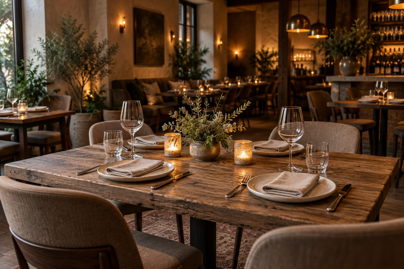 Illustrative rustic table set with linen, ceramics, and candlelight in a warm restaurant